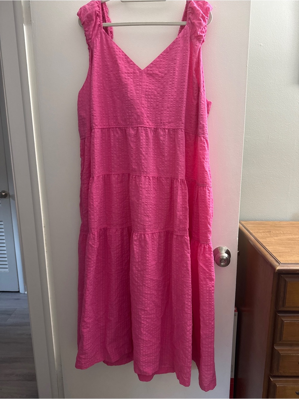 Women's Hot Pink Tiered Maxi Dress with V-Neck bow back adorable!